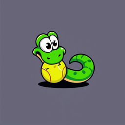 A playful and humorous logo design featuring a cartoon-style green viper snake with exaggerated features, humorously biting a tennis ball