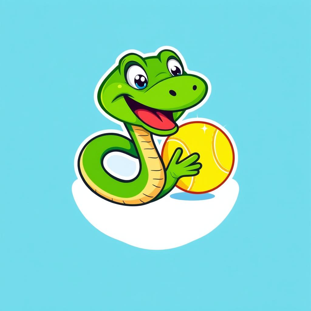 A whimsical and humorous logo design featuring a cartoon-style green viper snake playfully interacting with a tennis ball