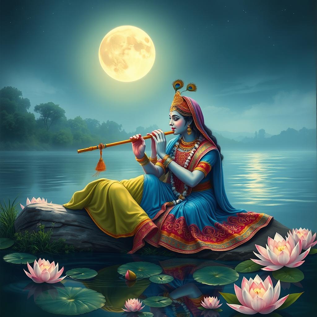 Radha and Krishna sitting together on the banks of the Yamuna River