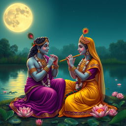 Radha and Krishna sitting together on the banks of the Yamuna River