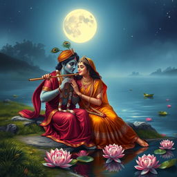 Radha and Krishna sitting together on the banks of the Yamuna River