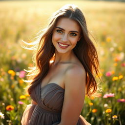 A very beautiful woman with captivating eyes and a charming smile, standing in a sunlit meadow, wearing an elegant flowing dress that sways with a gentle breeze