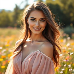 A very beautiful woman with captivating eyes and a charming smile, standing in a sunlit meadow, wearing an elegant flowing dress that sways with a gentle breeze