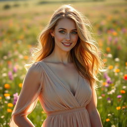 A very beautiful woman with captivating eyes and a charming smile, standing in a sunlit meadow, wearing an elegant flowing dress that sways with a gentle breeze