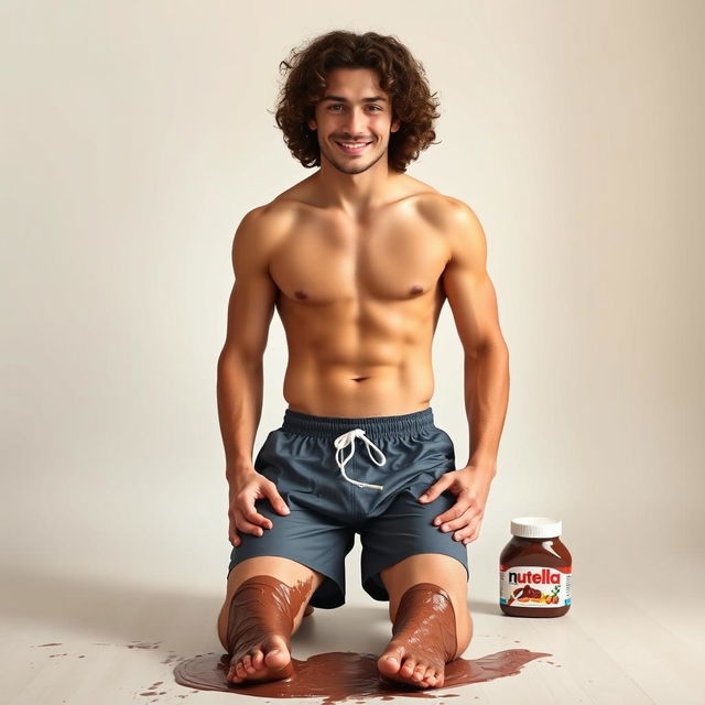 An attractive man with curly hair, his well-defined abdominal muscles visible, without a t-shirt, wearing only shorts