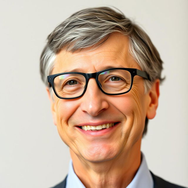 A portrait of Bill Gates with a focus on his facial features, capturing his thoughtful expression and iconic glasses