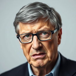 A portrait of Bill Gates with an emphasis on his facial expression, depicting him with an angry and intense gaze