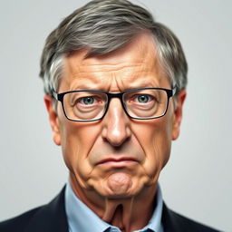 A portrait of Bill Gates with an emphasis on his facial expression, depicting him with an angry and intense gaze