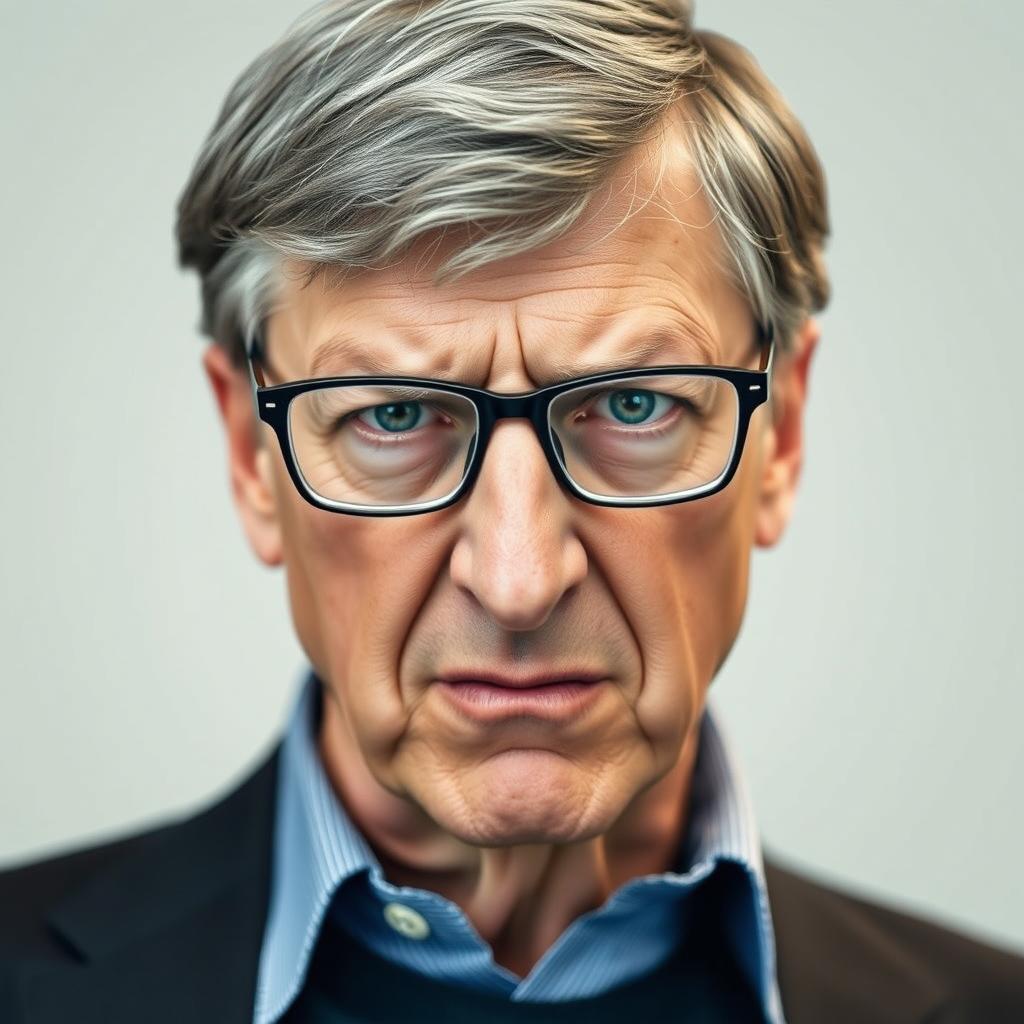 A portrait of Bill Gates with an emphasis on his facial expression, depicting him with an angry and intense gaze