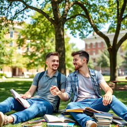 young gay couple enjoying a day at university, sitting under a tree with books scattered around, smiling and holding hands, both dressed in casual student attire, university buildings in the background, sunny day