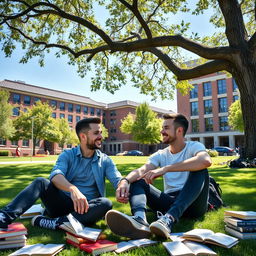 young gay couple enjoying a day at university, sitting under a tree with books scattered around, smiling and holding hands, both dressed in casual student attire, university buildings in the background, sunny day