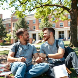 young gay couple enjoying a day at university, sitting under a tree with books scattered around, smiling and holding hands, both dressed in casual student attire, university buildings in the background, sunny day