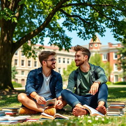 young gay couple enjoying a day at university, sitting under a tree with books scattered around, smiling and holding hands, both dressed in casual student attire, university buildings in the background, sunny day