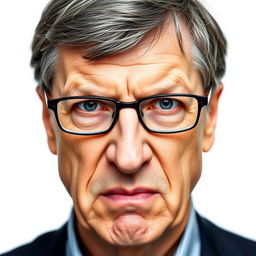 A close-up portrait of Bill Gates with an angry and intense facial expression, set against a plain white background