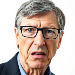 A close-up portrait of Bill Gates with an angry and intense facial expression, set against a plain white background