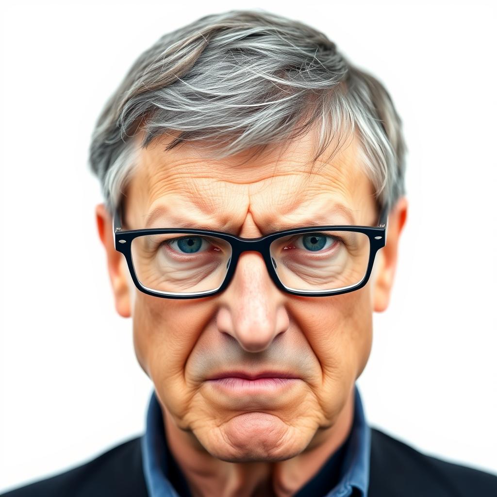 A close-up portrait of Bill Gates with an angry and intense facial expression, set against a plain white background