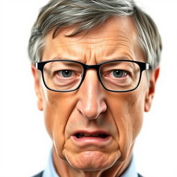 A close-up portrait of Bill Gates with an angry and intense facial expression, set against a plain white background