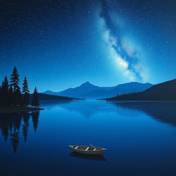 A minimalist landscape painting of a serene lake under a starry night sky