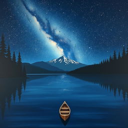 A minimalist landscape painting of a serene lake under a starry night sky