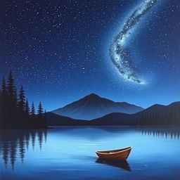 A minimalist landscape painting of a serene lake under a starry night sky