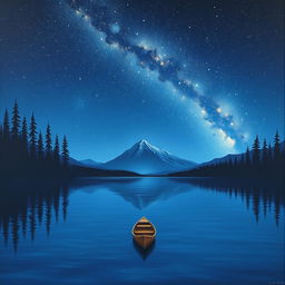 A minimalist landscape painting of a serene lake under a starry night sky