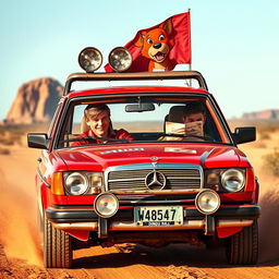 A hyper-realistic scene of a wild Australian outback with a 1980s red Mercedes wagon racing with rally stickers on the car