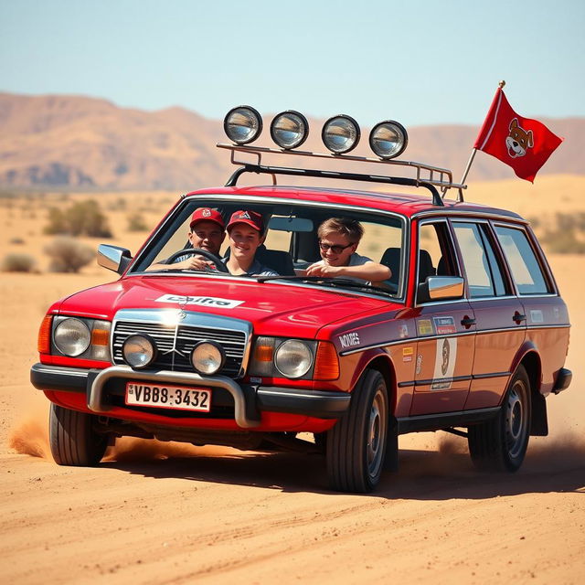 A hyper-realistic scene of a wild Australian outback with a 1980s red Mercedes wagon racing with rally stickers on the car