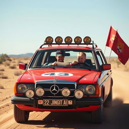 A hyper-realistic scene of a wild Australian outback with a 1980s red Mercedes wagon racing with rally stickers on the car