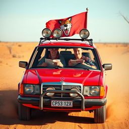 A hyper-realistic scene of a wild Australian outback with a 1980s red Mercedes wagon racing with rally stickers on the car