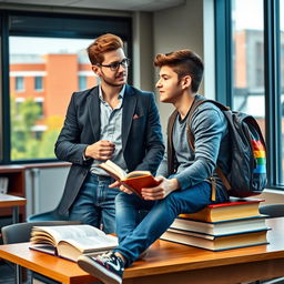 book cover featuring a young, charismatic professor and an openly gay student, both engaged in an enlightening discussion