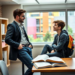 book cover featuring a young, charismatic professor and an openly gay student, both engaged in an enlightening discussion