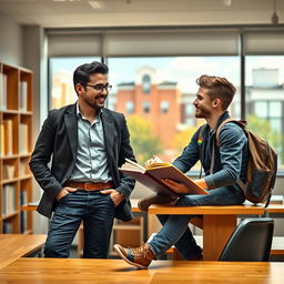 book cover featuring a young, charismatic professor and an openly gay student, both engaged in an enlightening discussion