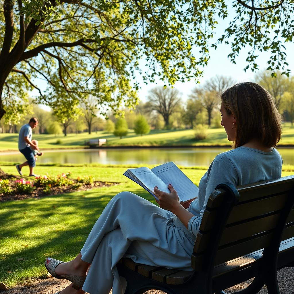 A woman reading a diary on a park bench, surrounded by a tranquil and serene landscape