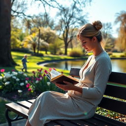 A woman reading a diary on a park bench, surrounded by a tranquil and serene landscape