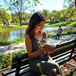 A woman reading a diary on a park bench, surrounded by a tranquil and serene landscape