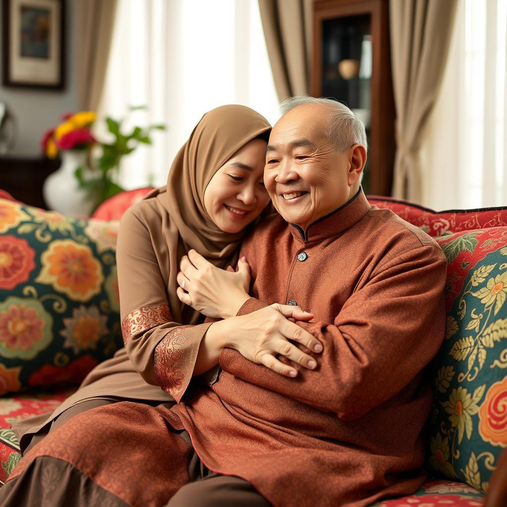 An Asian Muslim woman in traditional attire warmly cuddling with an elderly Chinese man