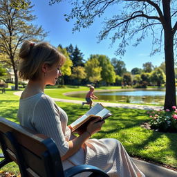 A woman reading a diary on a park bench, surrounded by a tranquil and serene landscape