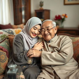 An Asian Muslim woman in traditional attire warmly cuddling with an elderly Chinese man