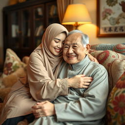 An Asian Muslim woman in traditional attire warmly cuddling with an elderly Chinese man