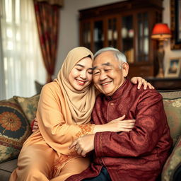 An Asian Muslim woman in traditional attire warmly cuddling with an elderly Chinese man