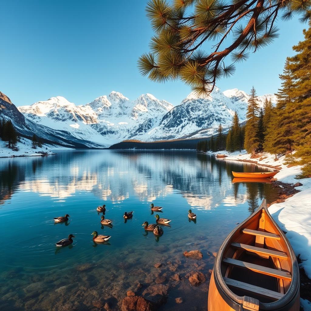 A majestic, snow-capped mountain range serving as a stunning backdrop for a serene alpine lake