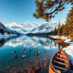 A majestic, snow-capped mountain range serving as a stunning backdrop for a serene alpine lake