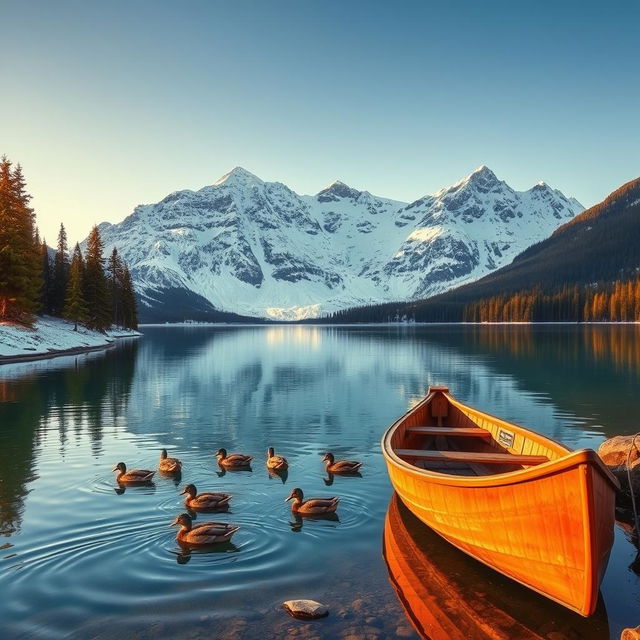 A majestic, snow-capped mountain range serving as a stunning backdrop for a serene alpine lake