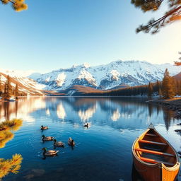 A majestic, snow-capped mountain range serving as a stunning backdrop for a serene alpine lake