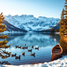 A majestic, snow-capped mountain range serving as a stunning backdrop for a serene alpine lake