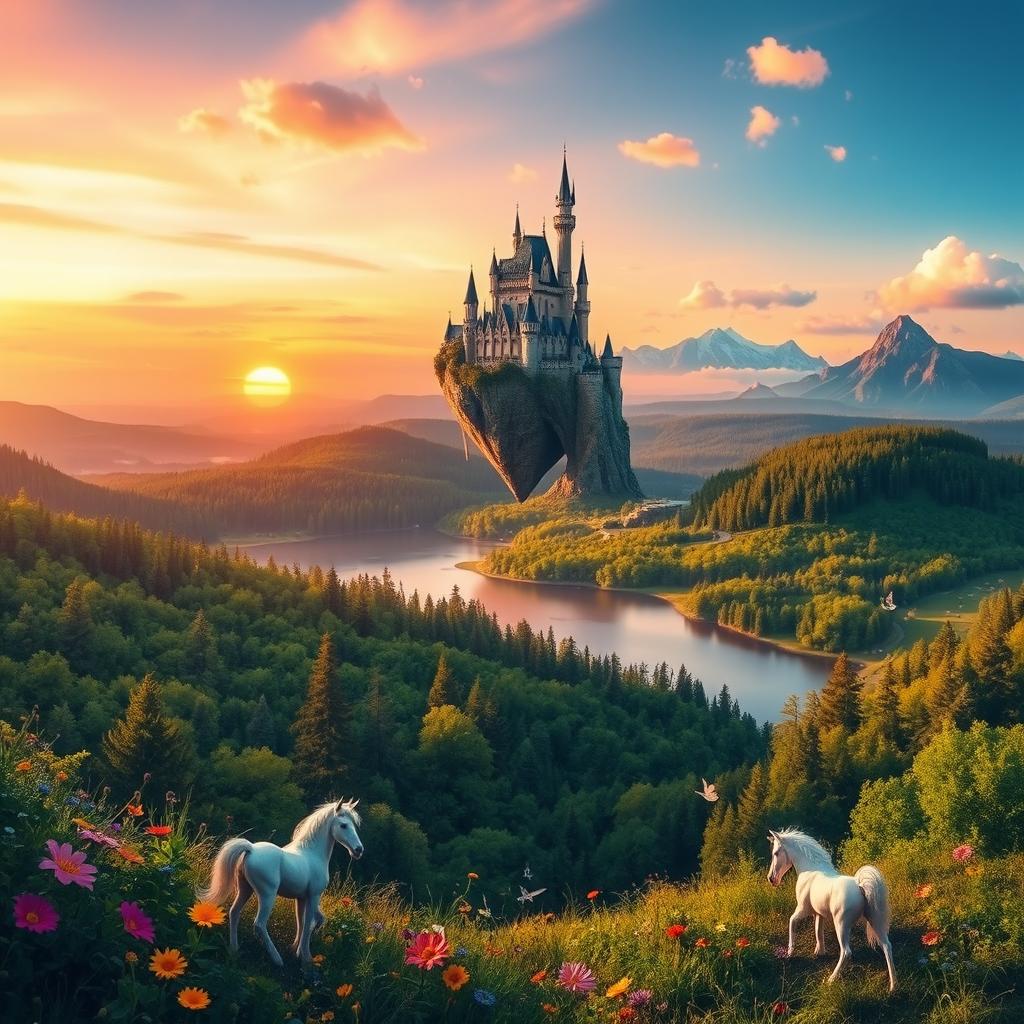 A whimsical fantasy landscape during sunrise, with a mystical floating castle in the sky