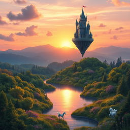 A whimsical fantasy landscape during sunrise, with a mystical floating castle in the sky