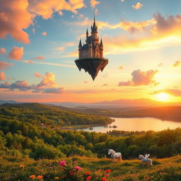 A whimsical fantasy landscape during sunrise, with a mystical floating castle in the sky