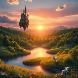 A whimsical fantasy landscape during sunrise, with a mystical floating castle in the sky