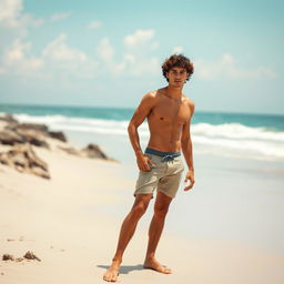 An attractive man with curly hair and defined abdominal muscles, standing confidently without a t-shirt, showcasing his physique